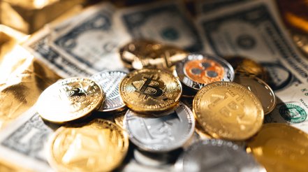 Crypto Coins On Gold Background